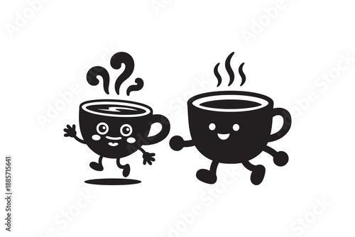 Cute coffee cup characters running together silhouette