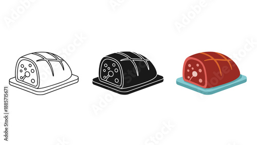 Three toaster icons in black white and red on square plates