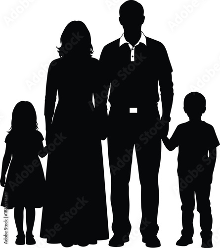 Happy family silhouette vector illustration, parents holding children hands, loving mother father and kids, family values togetherness concept isolated on white background