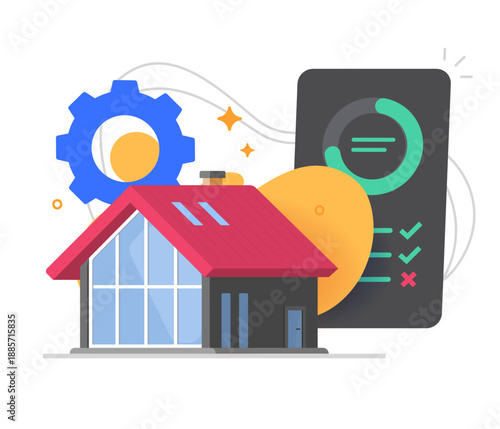 Smart home repair maintenance automation service icon vector modern graphic illustration design, house security diagnostic inspection technology, digital handyman audit, property monitoring system
