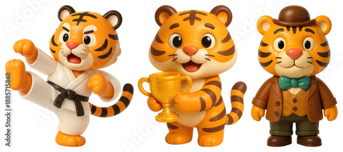 PNG Adorable tiger figurines in costumes, element set on transparent background © Rawpixel.com