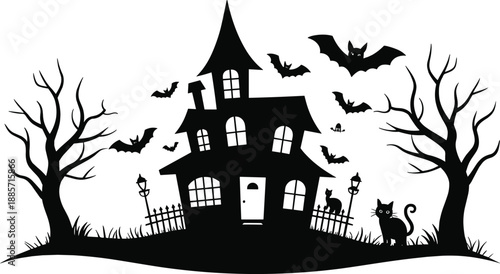 Haunted house silhouette, spooky Halloween night, bats flying, twisted trees, black cat, eerie fence, scary atmosphere, vector illustration for seasonal decor