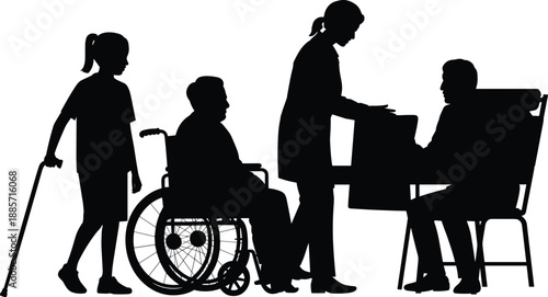 Healthcare worker assisting elderly and disabled people silhouette vector, medical care and rehabilitation concept, disability support and social service illustration