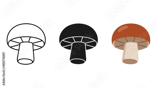 Three mushroom icons outline silhouette and realistic styles on white background