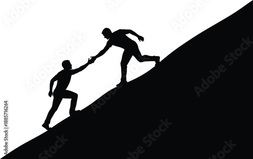 Helping hand teamwork silhouettes vector illustration, man assisting partner climbing mountain slope, support leadership success concept, cooperation motivation symbol, black figures isolated on white