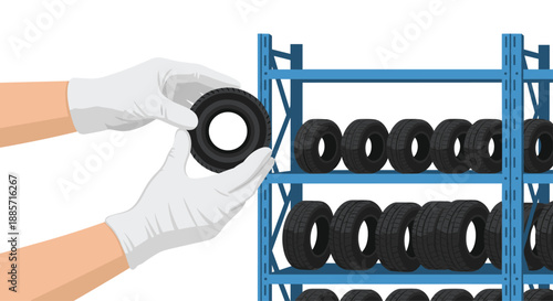 This automotive illustration shows gloved hands carefully holding a small tire, with shelves full of various vehicle tires visible in the background, signifying tire shop inventory.