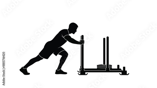 Man pushing heavy loaded sled with weights in gym for strength training on white background