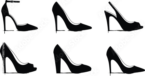 High heel shoe silhouettes vector illustration set, women fashion footwear collection, elegant stiletto pumps icons for style, glamour and luxury design projects, black isolated on white background