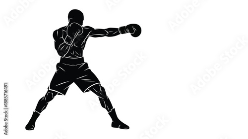 A black silhouette of a male boxer in fighting stance with gloves with boxing on white background