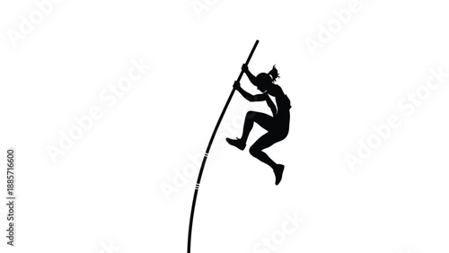 A person climbing up a long curved pole with both hands with silhouette on white background