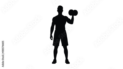 Silhouette of a man lifting a dumbbell in a fitness routine with exercise on white background