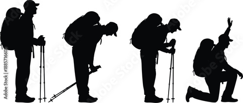 Hiker silhouette progression illustration, backpacker trekking poses with walking sticks, outdoor adventure journey concept, mountaineering and hiking activities vector design