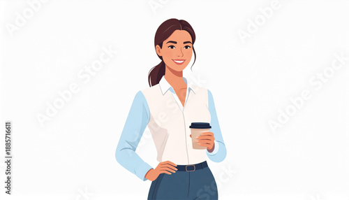 A smiling young woman holding a disposable coffee cup illustration style
