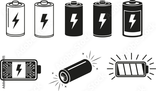 High-contrast battery energy icons collection featuring power cells, electric charge symbols, technology circuits, and rechargeable battery illustrations designed for modern energy, electricity, 