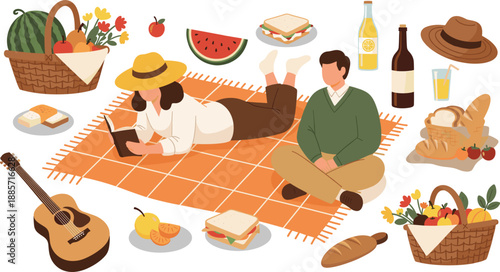 Romantic picnic couple illustration with food basket guitar and outdoor leisure elements