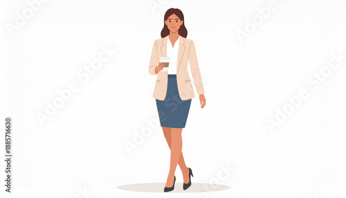 A stylish businesswoman stands holding a disposable coffee cup in hand