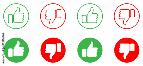 Thumbs up and thumbs down icons set showing like, dislike, approval, rejection, feedback, rating, vote, and review symbols for apps, websites, surveys, and user interface design.