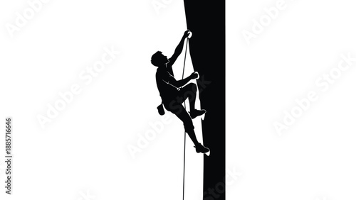 A person climbing up a steep cliff face a rope with rock climbing and steep climb on white background