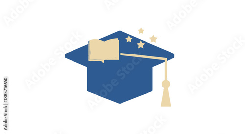 Graduation Cap with Stars in Simple Flat Design on White Background for Education