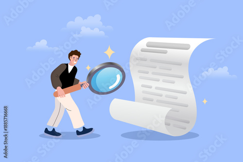 Detailed business audit concept. Man with magnifying glass inspecting long document to find hidden opportunities or verify information. Perfect for research, law, and data analysis themes.