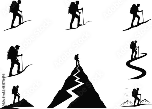 Hiking silhouette vector, mountain adventure illustration, trekking poses, outdoor exploration, backpacker journey, nature trail, summit achievement, wilderness travel design