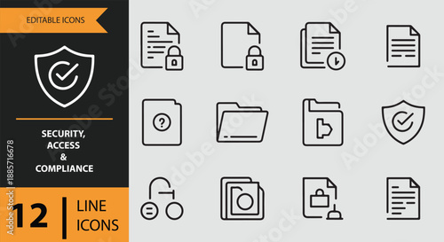 Security, access, and compliance line icons set for digital data management