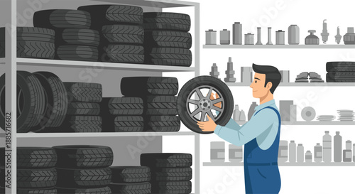 This practical illustration depicts a smiling mechanic in overalls holding a car wheel with a tire, standing inside a well-stocked tire shop with shelves of products.