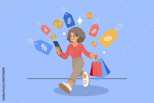 Woman shopping online with smartphone and holding shopping bags with discount tags and coins floating around vector