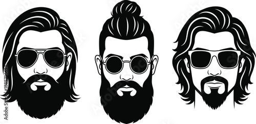Hipster male faces with stylish beards, long hair and sunglasses, modern barber fashion vector illustration, trendy masculine style design, grooming and hairstyle concept