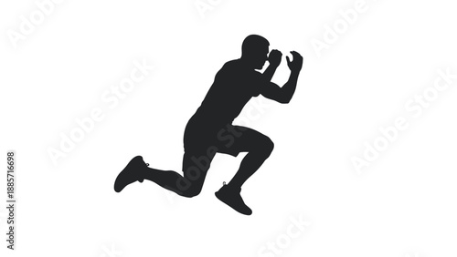 Man in a dynamic kneeling position holding a dumbbell with fitness and exercise on white background