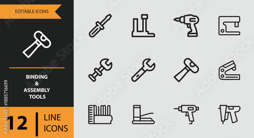 Modern outline icons of various binding and assembly tools for construction and diy projects