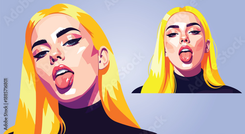 Striking graphic illustration of a cool blonde woman sticking her tongue out provocatively with vivid colors on transparent background