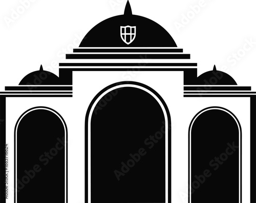 Historic domed gateway silhouette, classical architecture landmark, cultural heritage monument, urban city symbol, travel and tourism icon vector illustration design minimalist black white