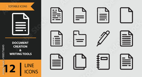 A comprehensive set of editable line icons for document creation and writing tools