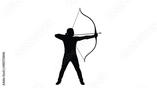 A silhouette of a person aiming a bow and arrow with archery and shooting on white background