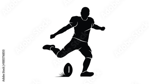 American football player kicking ball in motion with silhouette and illustration on white background