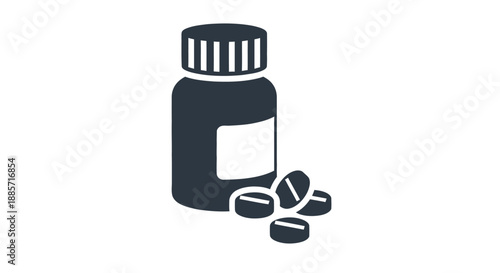 Medicine Bottle with Pills in Simple Flat Design on White Background for Healthcare