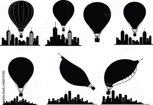 Hot air balloon silhouette vector, city skyline background, floating and deflated balloon stages, urban adventure, black graphic illustration design