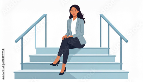 A confident businesswoman sits gracefully on a staircase exuding professional poise