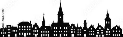 Historic European town skyline silhouette, church spire, medieval architecture, black vector illustration, village rooftops, steeples, towers, urban heritage scene