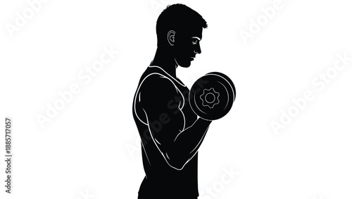 Black silhouette of a muscular man lifting dumbbell with fitness and workout on white background