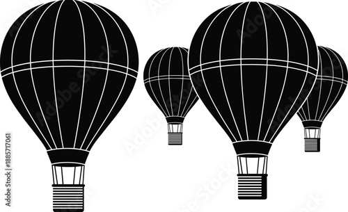 Hot air balloons silhouette set, adventure travel vector illustration, flight freedom concept, transportation tourism icon, sky exploration design, black and white style