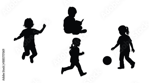 Children playing outdoors joyful movement captured in dark silhouette