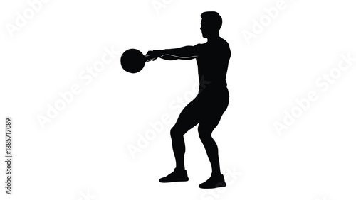 Man lifting kettlebell in dynamic exercise motion with fitness and silhouette on white background