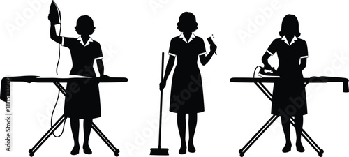 Housekeeping worker silhouettes vector illustration set, woman ironing clothes cleaning with mop and spray, domestic service and home cleaning concept