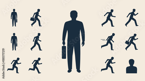 Businessman silhouettes diverse poses illustrating actions career and concepts
