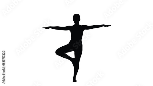 A person in a yoga pose with one leg raised and arms outstretched with silhouette on white background