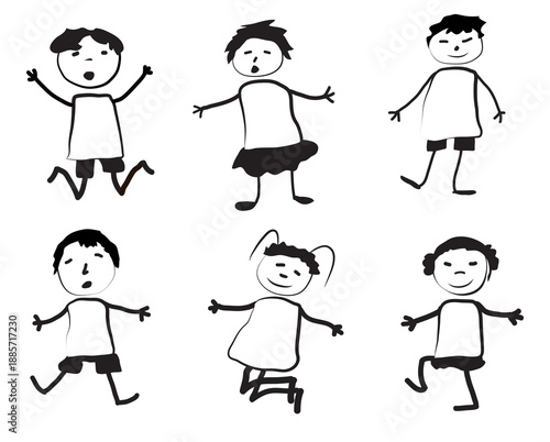 Happy group of cartoon children icons set in activity mode of joy and play