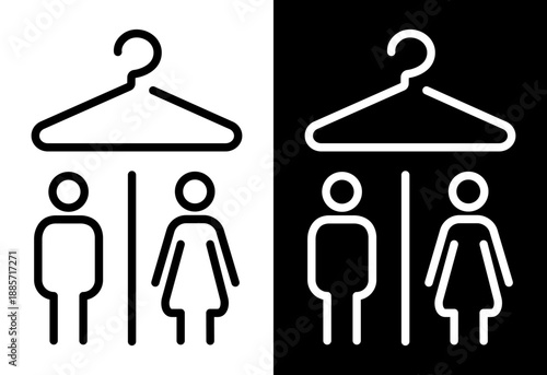 Mans and womens changing room icon. Contour outline pictogram black and white vector symbol representing wardrobe, cloakroom facilities, locker rooms.