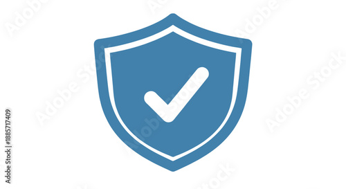 Blue shield icon with white checkmark in simple flat design on transparent background for security symbol